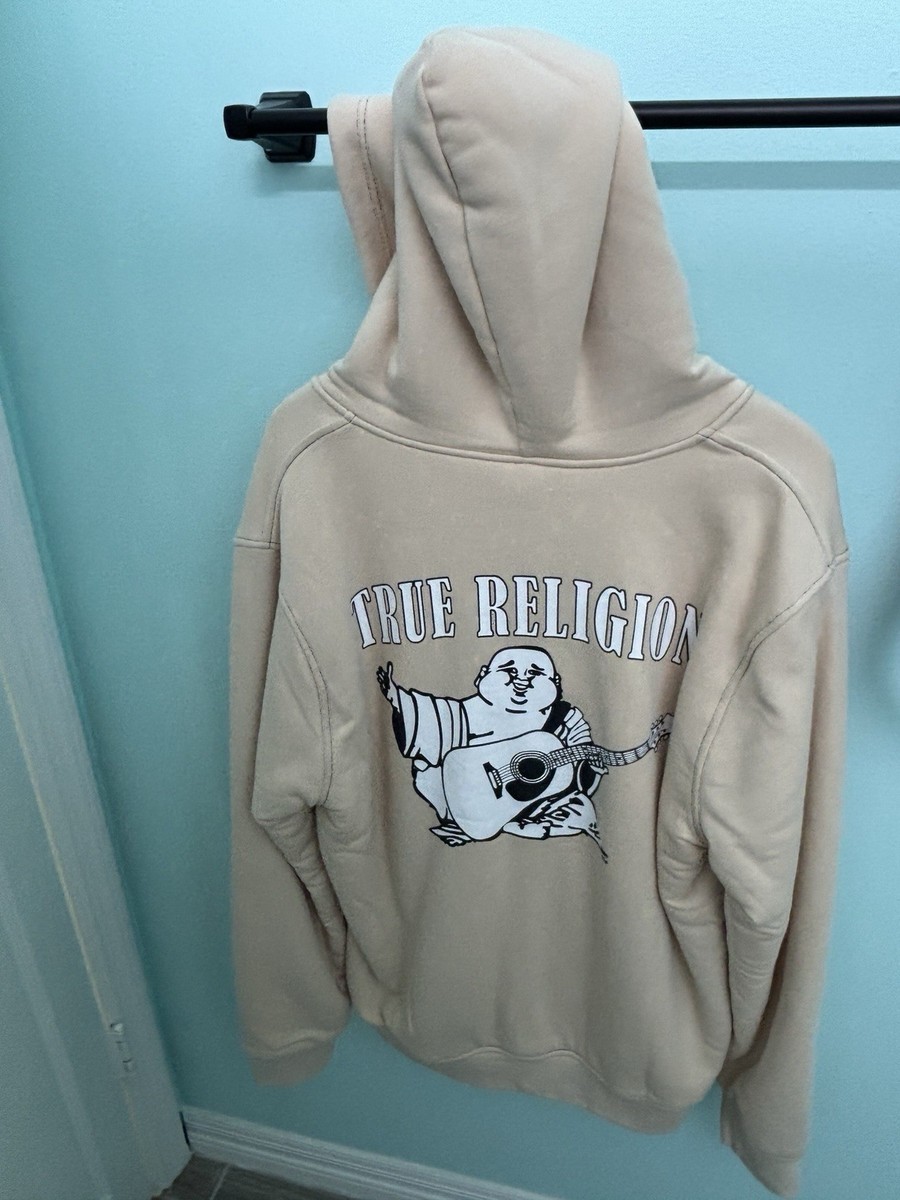 True Religion Men's Large Sherpa Zip Hoodie Buddha Logo Beige Tan