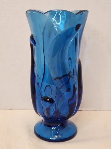 Vintage Fenton Art Glass Twilight Blue Footed Vase #9758 Heavy Thick 8.25" Tall