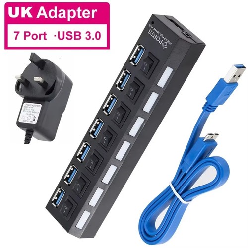 High Speed 7 Ports USB 3.0 HUB Power Splitter Extender Cable with UK Adapter Uk