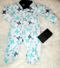HURLEY BABY BOY'S LONG SLEEVE LOGO ALLOVER FOOTED COVERALL,  NEWBORN 