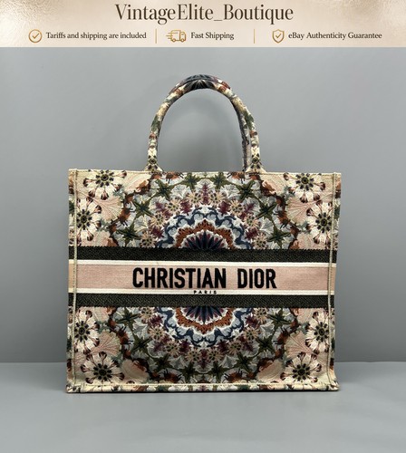 Christian Dior Book Tote Large Beige Canvas Gold HW Tote Preowned Authentic