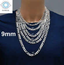 SOLID Real 925 Sterling Silver Mens 9mm Figaro Chain Necklace And Bracelet Italy