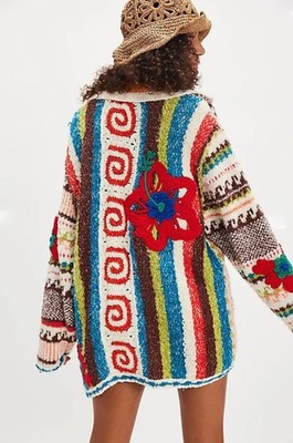 Free People Terry Towel Cardigan Chunky Floral Applique Buttons Oversized S NWT