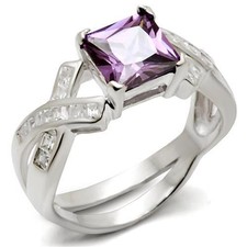Women's Cocktail Ring, Purple CZ, Sterling Silver, Statement, Square Stone