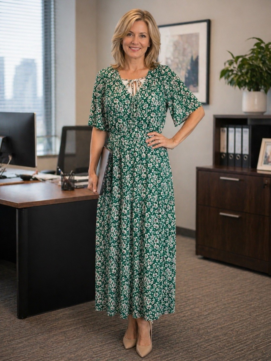 Luxology Womens Dress X-Large Ditsy Green Floral Tiered Midi Dress V-Neck  Lined