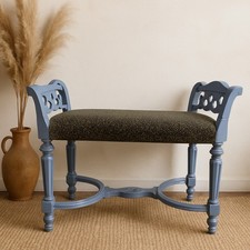 Vintage Periwinkle Blue Wooden Bench Carved Arms Upholstered Seat 38.5”
