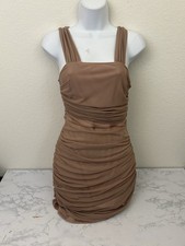 Sleeveless Wide Strap Ruched Bodycon Mini Dress M Lined Rose Gold party A1