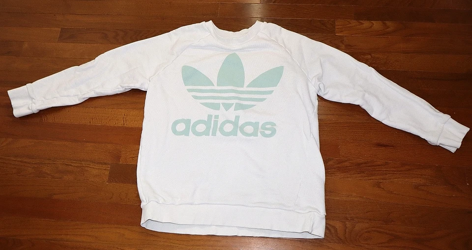 Adidas Green Trefoil logo Crewneck Sweater Fleece White SZ M - Image 2 of 4