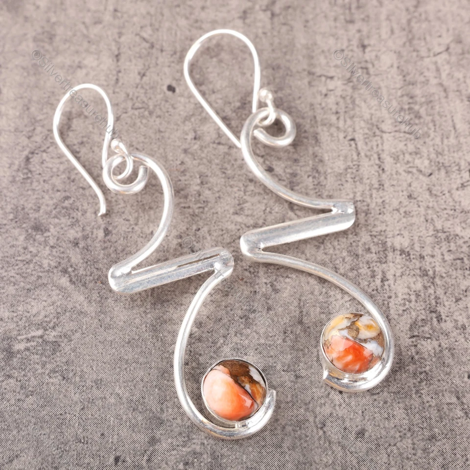 Круглые оранжевые медные бирюзовые серьги-капли из чистого серебра - Изображение 3 из 4