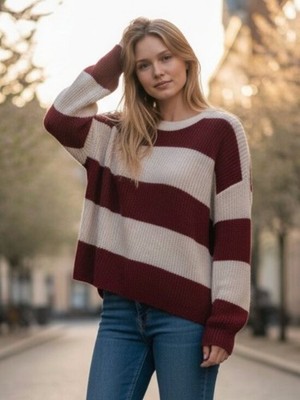 NWT Madewell Rosario Stripe Sweater X-Large, BURGUNDY/ HEATHER CLOUD Alpaca