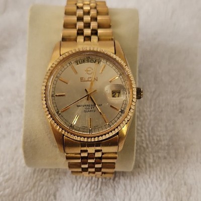 Elgin Men's Quartz Gold Tone Bracelet Gold Dial Day/Date Fluted Bezel Watch