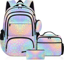 4 Piece Girl Leapard Print Backpack for Kids with Lunch Box and Pencil Case NEW