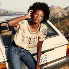 Doen Women’s Antonella Top in Rainbow Smocking Floral Embroidery Blouse Tunic XS