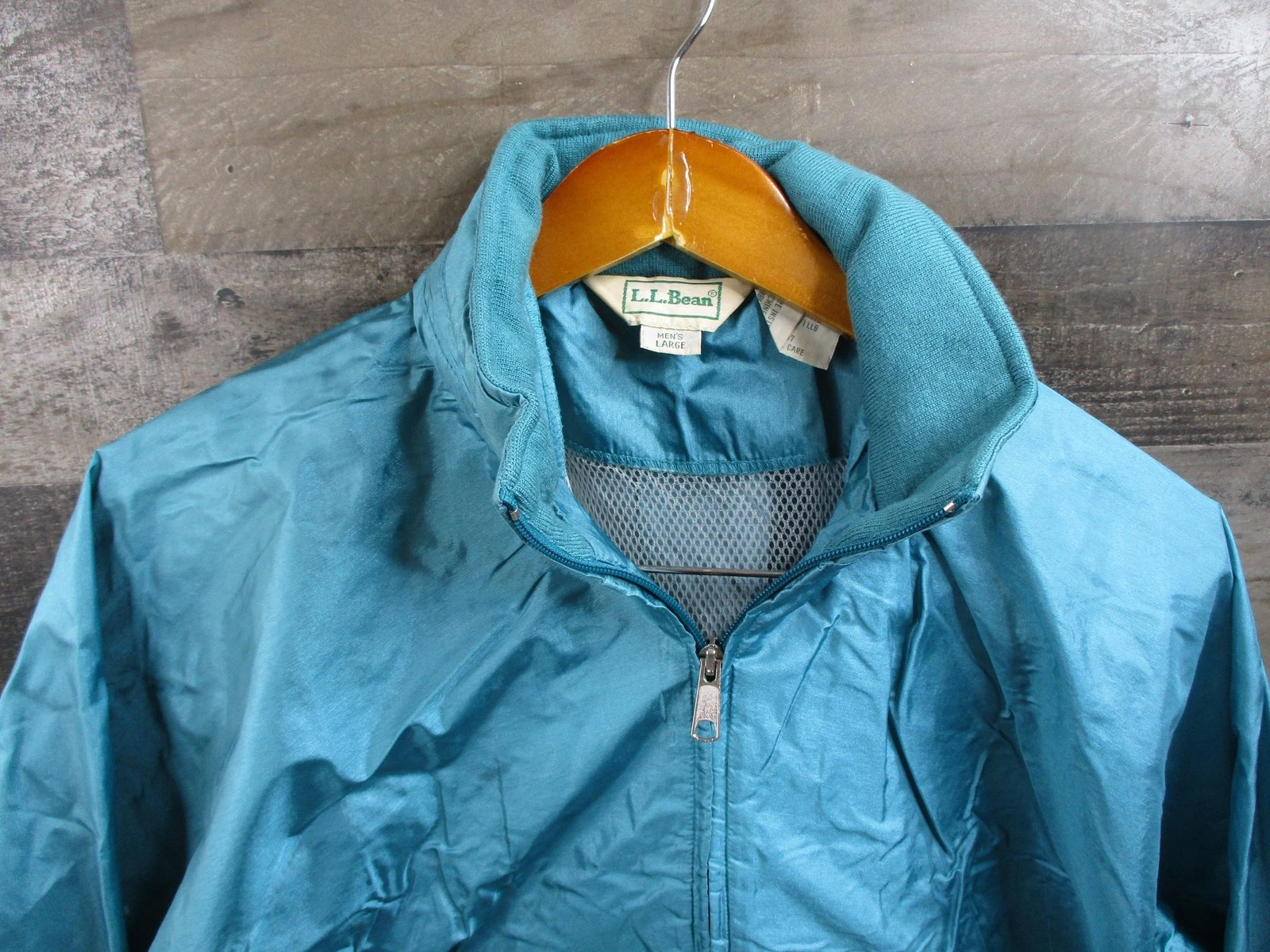 LL Bean Jacket Mens Large Blue Nylon Windbreaker Hidden Hood Mesh Lined Outdoor