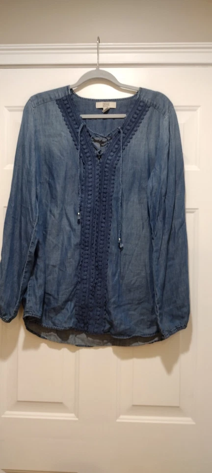 Camisa de renda vintage America Boho denim tamanho XL - Imagem 2 de 4