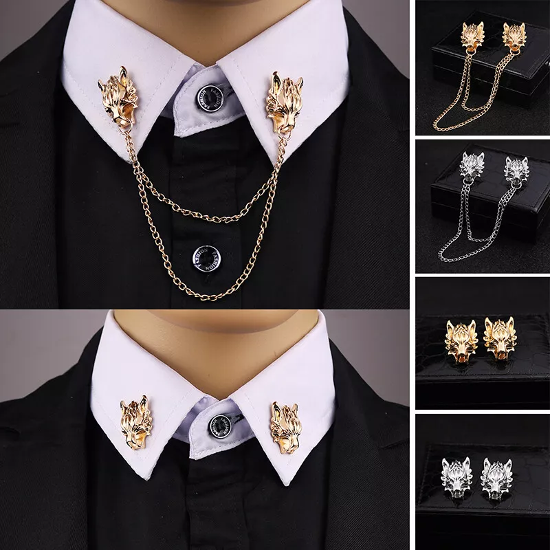 Wholesale GORGECRAFT 2pcs Wolf Head Long Chain Brooch Lapel Pin for Men  Collar Chain Tassel Brooch Pins Coat Suit Clothes Decoration Accessories  Husband Anniversary Birthday Gifts Crafts(Gold) 