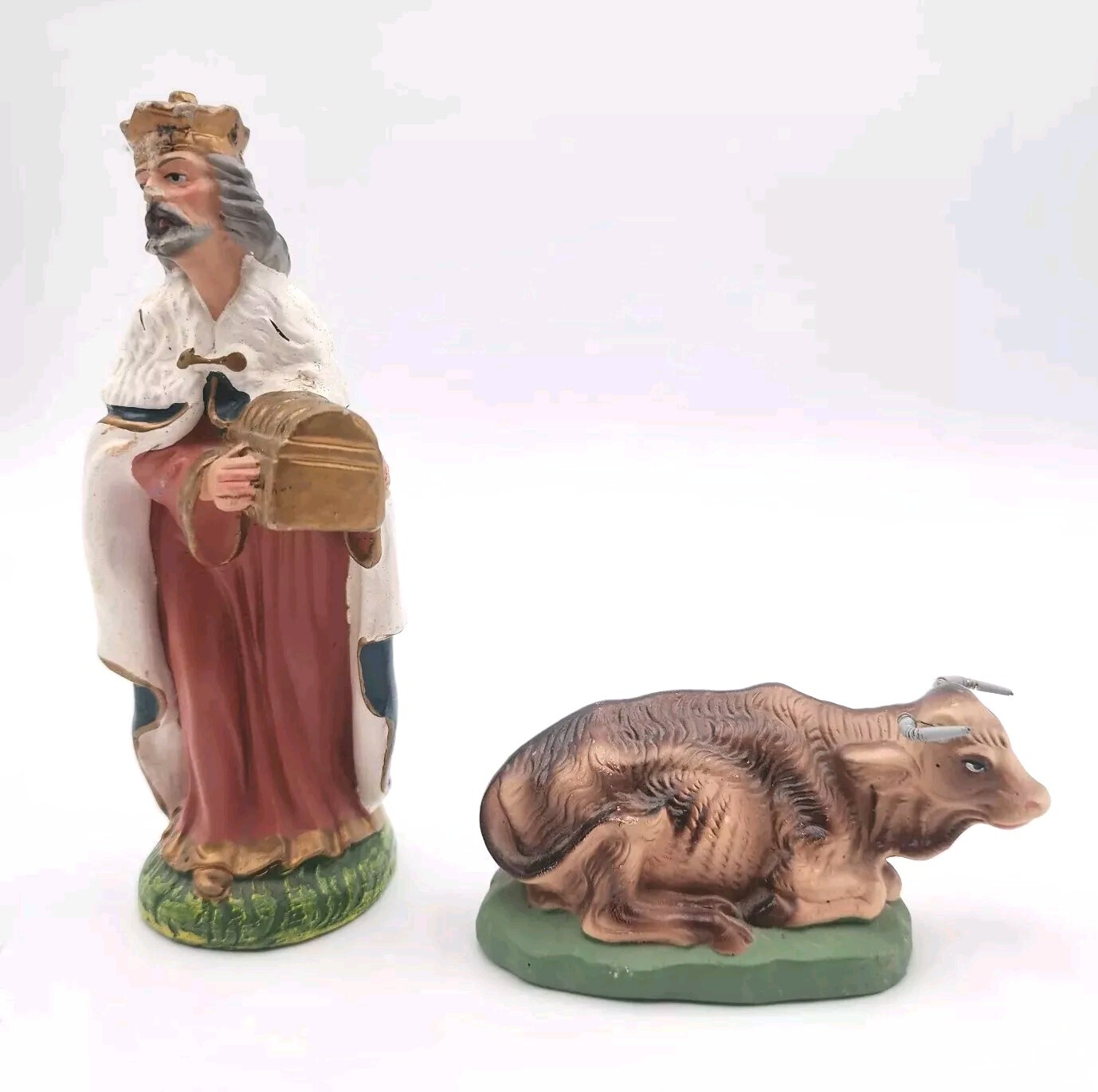 Wales Wiseman Nativity Figures King & Cow Christmas Vintage Paper Mache Japan