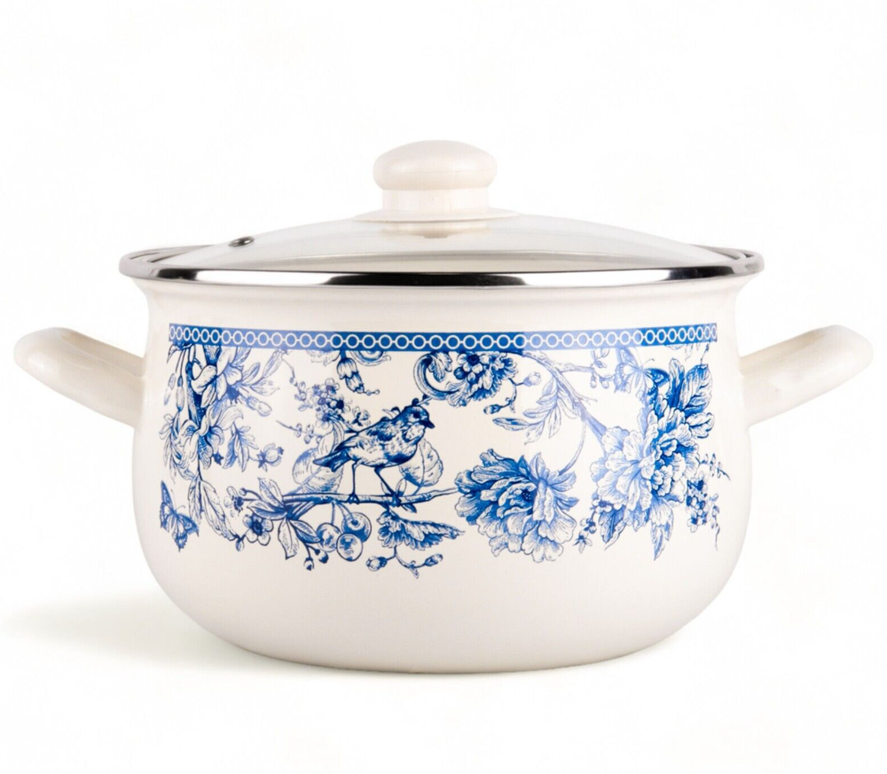 BLUE BIRD Soup Pot Enamel Stockpot w/Glass Lid Enameled Cooking Pot 2.2 qt