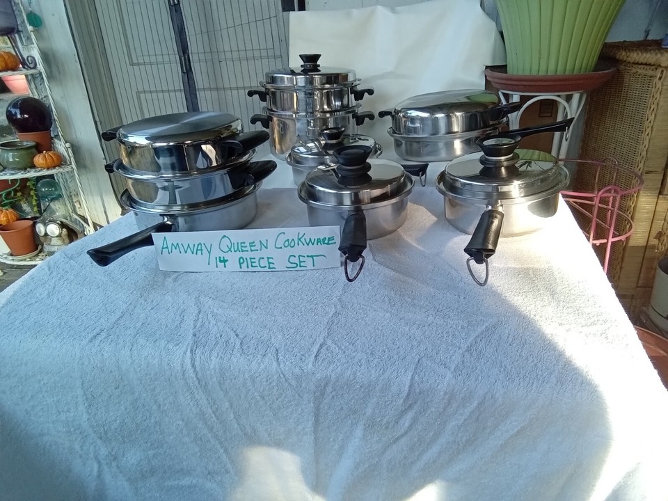 AMWAY QUEEN COOKWARE 18/18 S/STEEL 14 PC STOCK SKILLET SAUCE 2 INSERTS