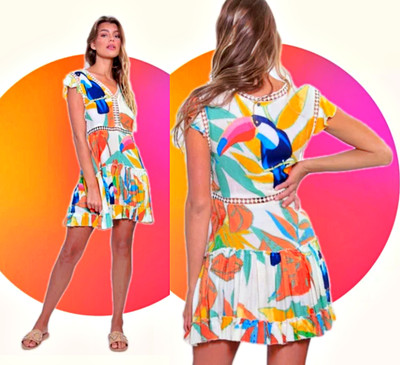 Z&L EUROPE Tassel Tie Armhole Lace Trimmed Tiered 32'' Mini Dress Toucan Print  S