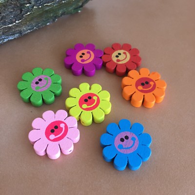 25X Wooden Beads Floral Mixed Multi Colour Happy Flower 23mm Wood Bead 