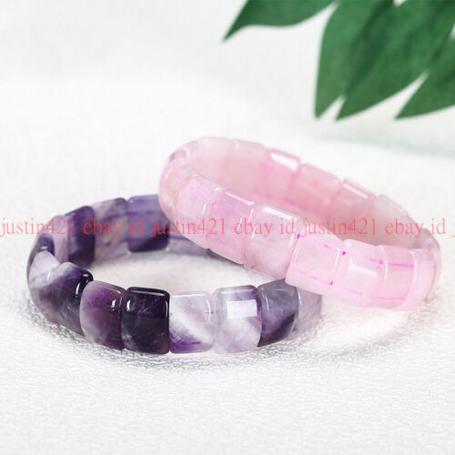 Top Quality Natural 10x14mm Purple Amethyst & Pink Crystal Rectangle Bracelet - Picture 1 of 16