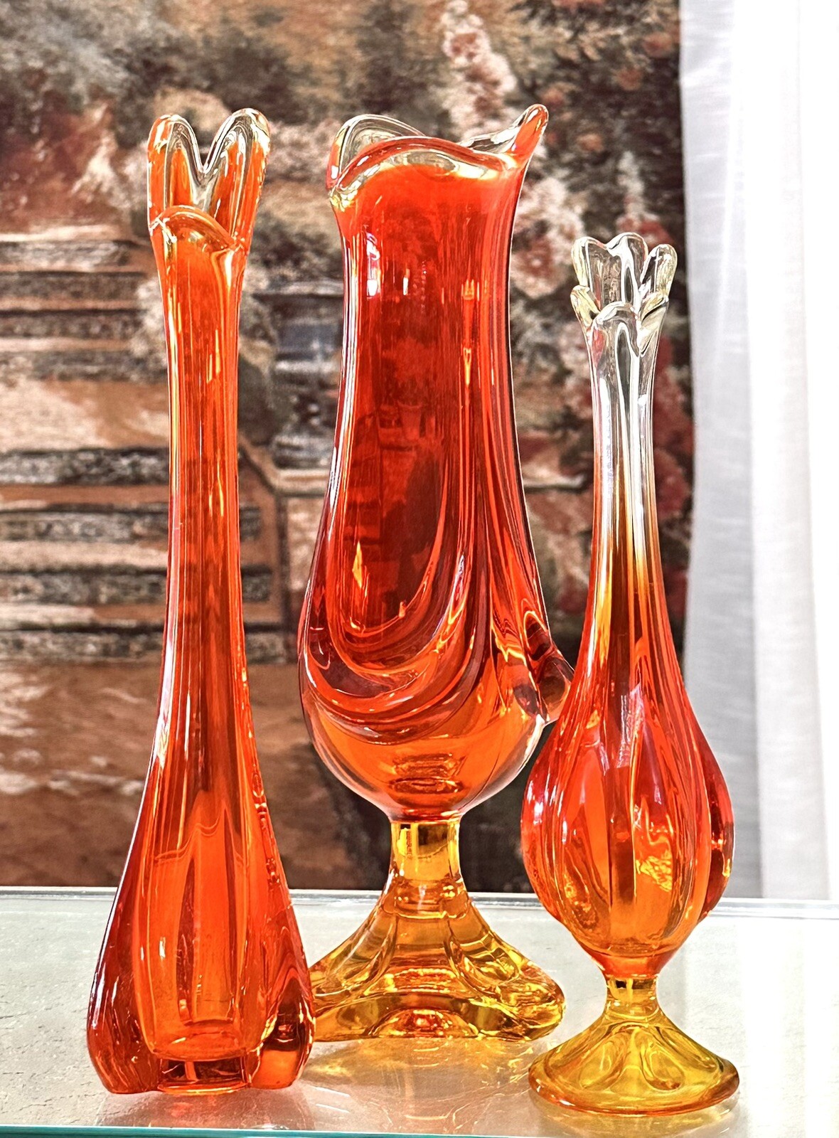 Vases Mid Century Modern Swung Orange Transparent Glass Amberlina Set