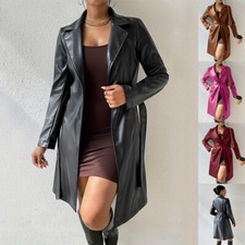 Long Sleeve Lapel PU Leather Jacket With Pockets Slim Fit Long Trench Coat Women