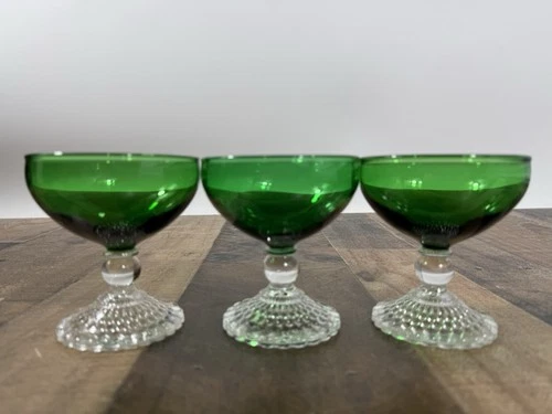 Vintage -Anchor Hocking FOREST GREEN BUBBLE Foot Champagne Sherbet Glass -Set 3