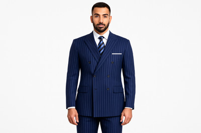 VINCI Blue Men's Wool Feel 6 Button Striped Double Breasted Classic Fit Suit