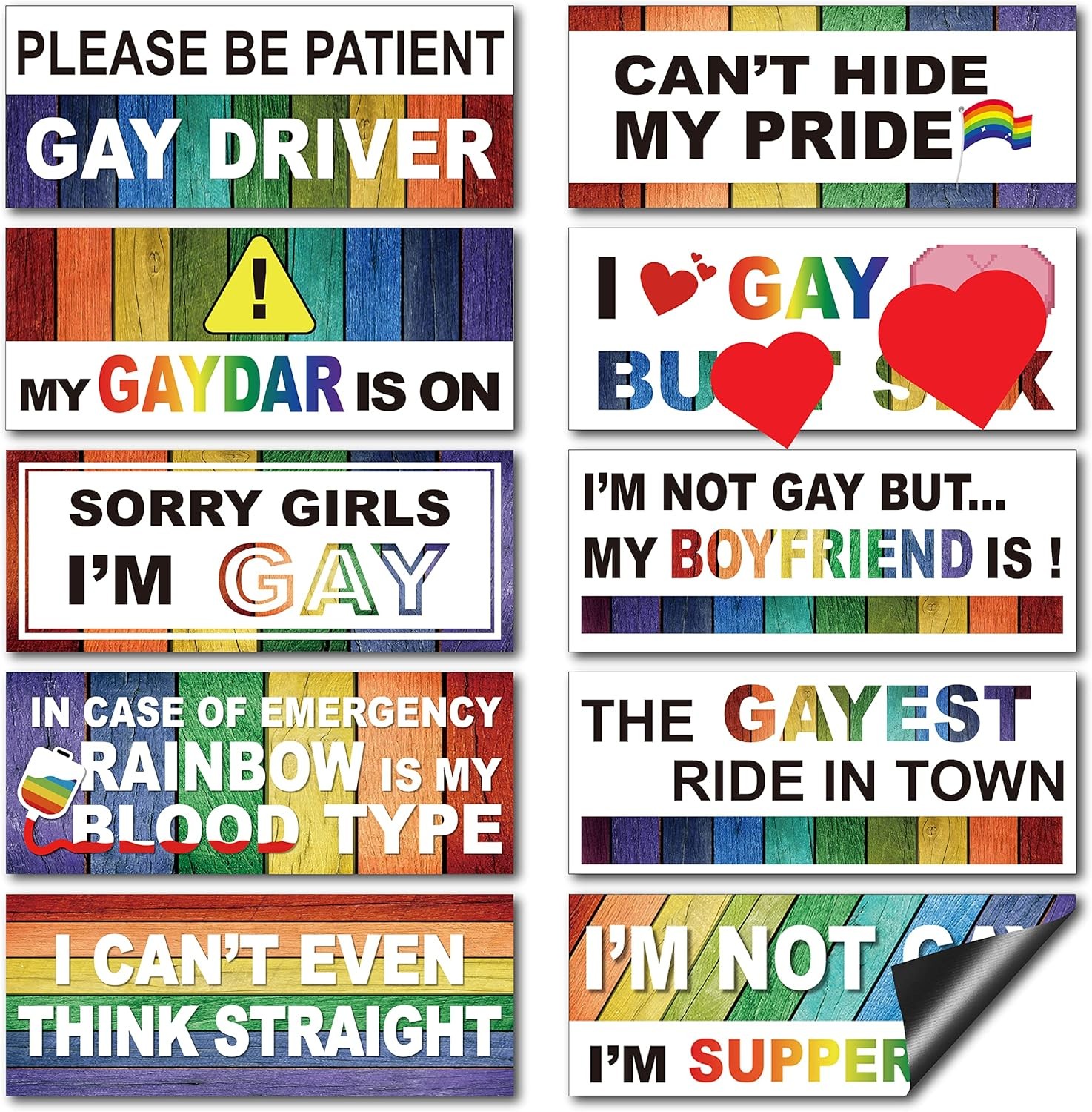 10-pack Magnetic Rainbow Bumper Decals, Funny Gay Pride Car Stickers for Vehicle