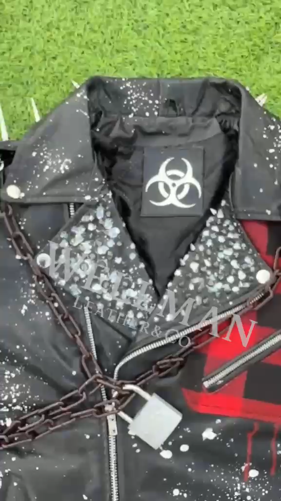 Punk Gothic Spiked Leather Biker Jacket Chains Biohazard Rock