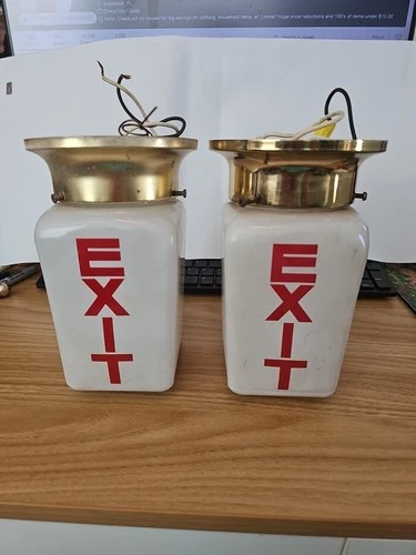 Vintage Set of Two Milk Glass White Exit Triple Sided  Light Cover Sign Globes