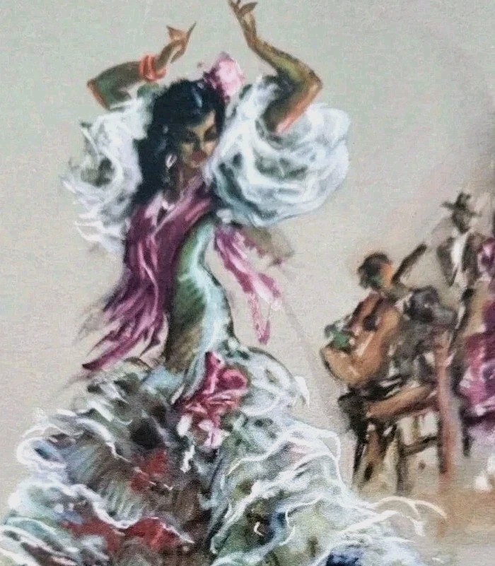 Postal de tela de bailarina flamenca BARCELONA Hecha en España Serie A 7 firmada de colección