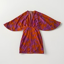 Tyche Orange Pink Abstract Print Kimono Sleeve Midi Dress Size M Made in USA