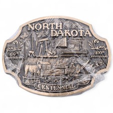North Dakota Centennial Solid Brass Vintage Belt Buckle by ADM 1989 
