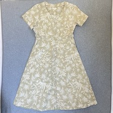 White Stuff Linen Dress UK 10 Green Bird Floral Midi Button Front Short Sleeve