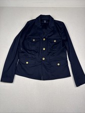 Chaps Lauren Women  s Cotton Stretch Navy Blue Gold Button Nautical Blazer L