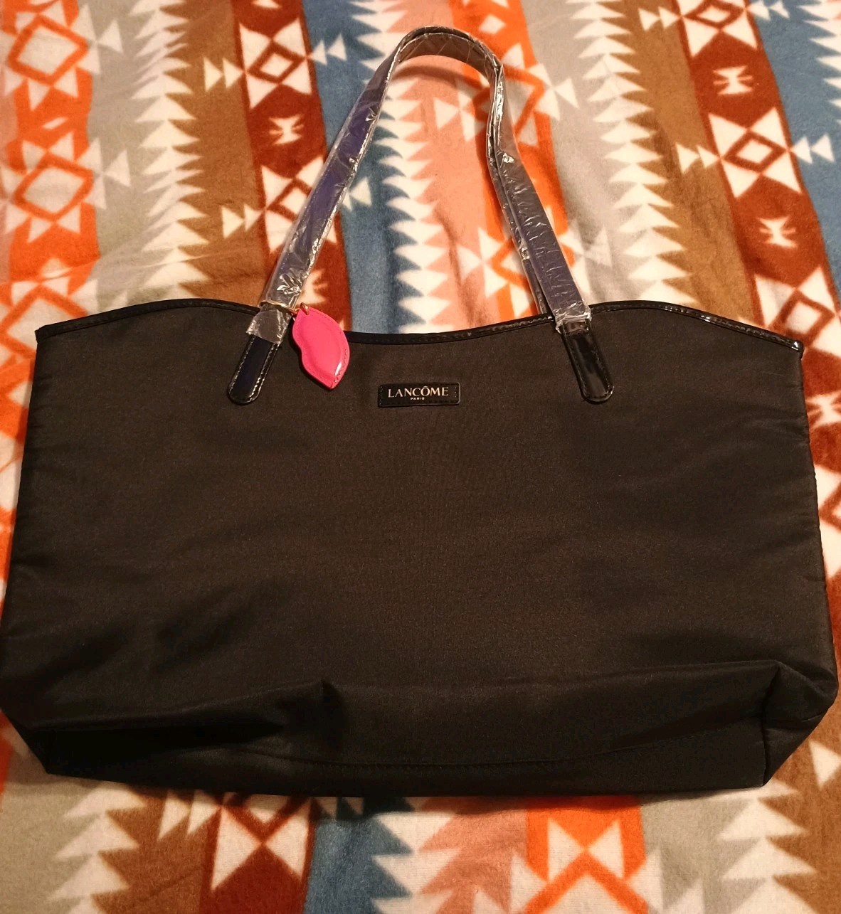 Black Lancome Paris Tote Bag With Pink Lip Charm!