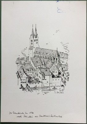 München   Peterskirche um 1570 - Orig.-Tusche-Zeichnung von K. S. Bauer-Oltsch