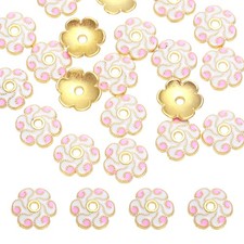 20 Pcs 8.5x2 mm Flower Beads Caps, Enamel Bead End Spacers White Pink