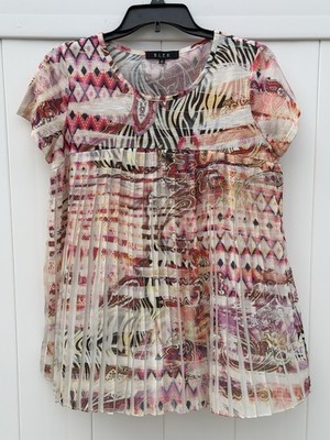 B.L.E.U. Women s Accordion Blouse Small Short Sleeve Multicolor Floral