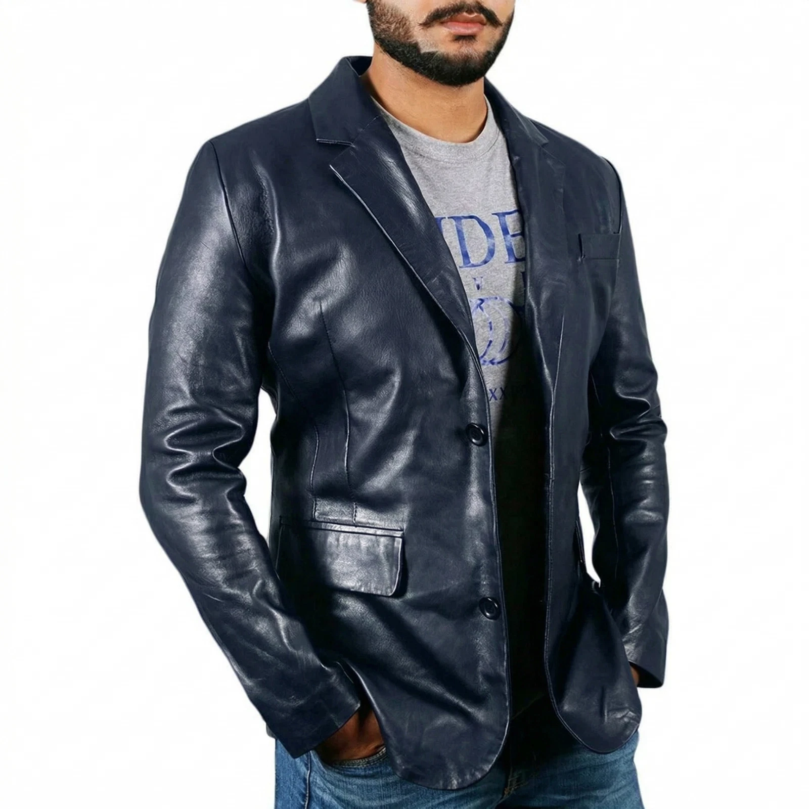 Men's Navy Blue 100% Lambskin Leather Soft Blazer Two Button Blazer Coat Blazer