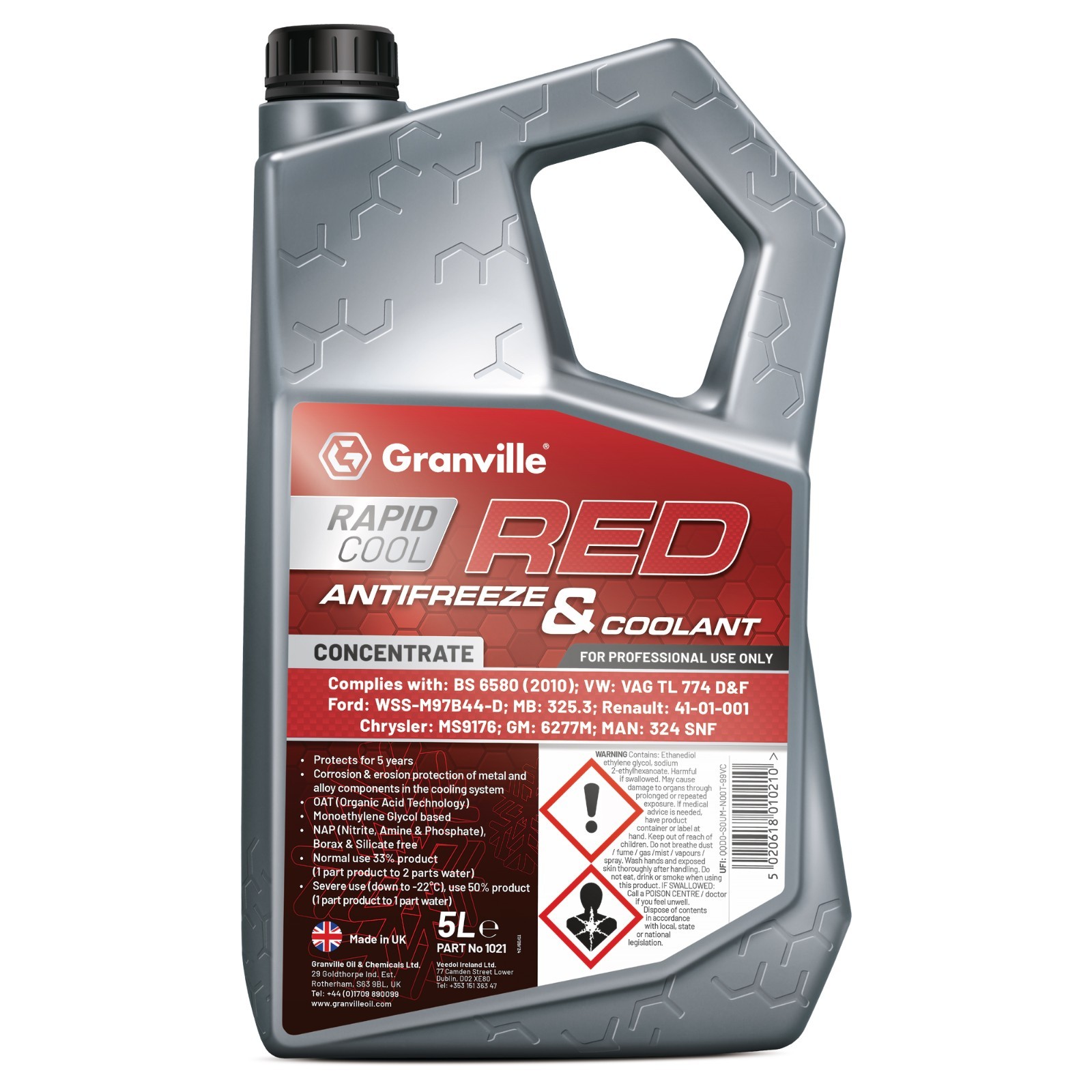 Granville Red Antifreeze Coolant 5L Ford, Mercedes, Renault, Vauxhall, VW