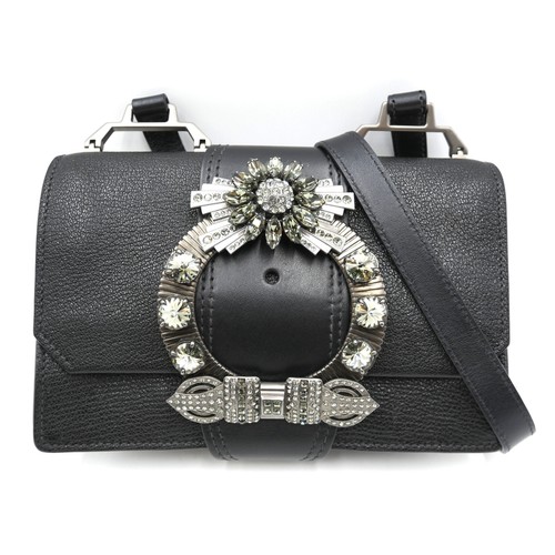 Miu Miu Crystal Buckle Leather Shoulder Bag Black Jeweled Flap