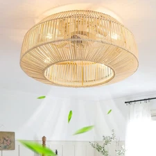 20" Boho Caged Ceiling Fan with Lights Flush Mount, Low Profile Rattan Ceilin...