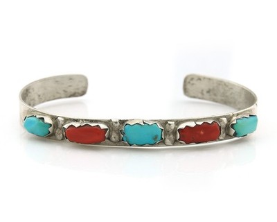 Zuni Cuff Bracelet Sterling Silver Natural Coral Turquoise Signed Cheama