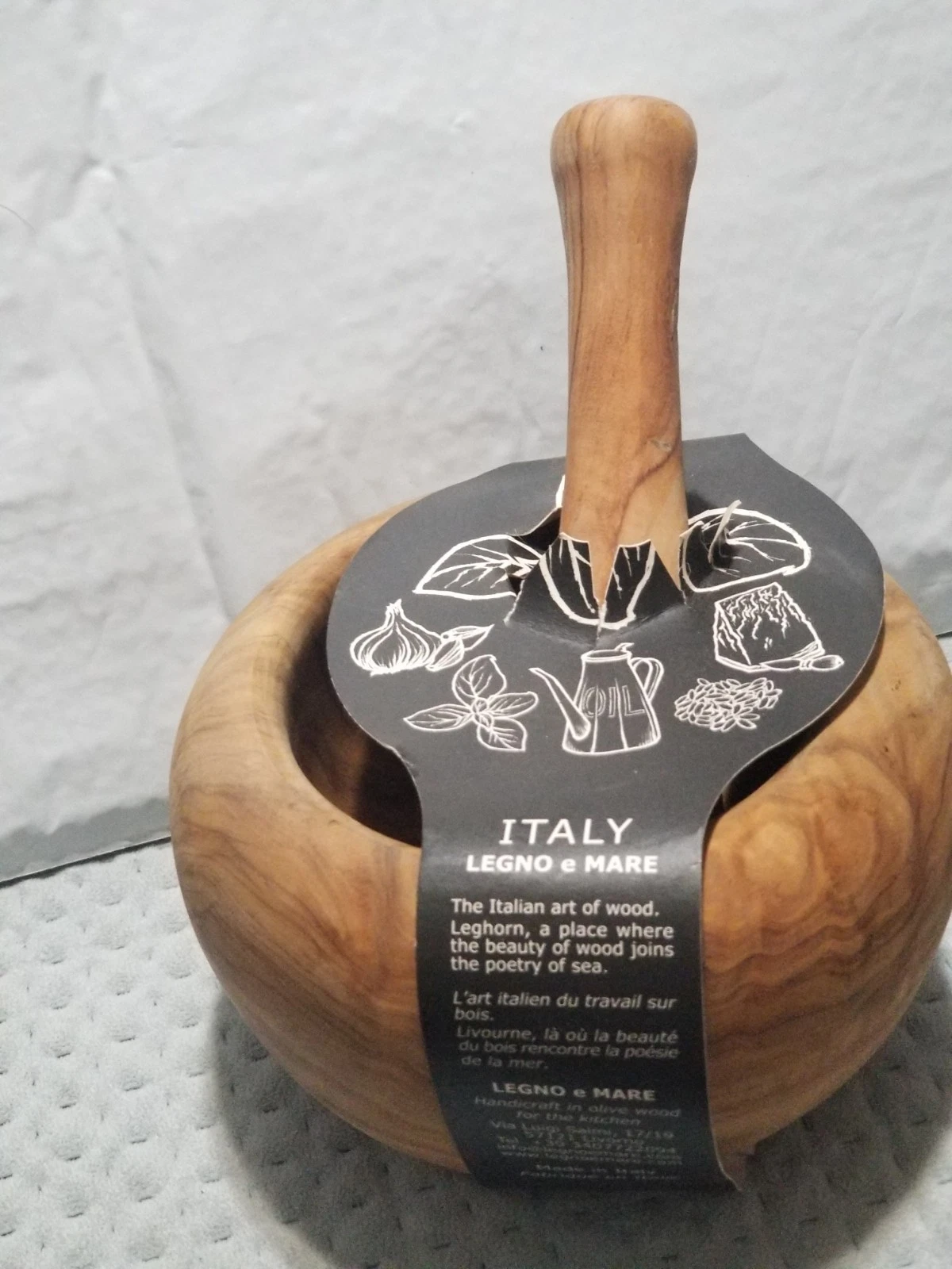 LEGNO e MARE Olive Wood Mortar & Pestle Handicraft Herb & Spice Grinding Tool.