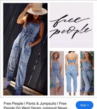 Free People Go West Square Neck Open Back Blue Denim Utility Jumpsuit Size M