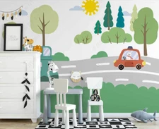3D Tree Car Road Cartoon Kids Self-adhesive Removeable Wallpaper Wall Mural